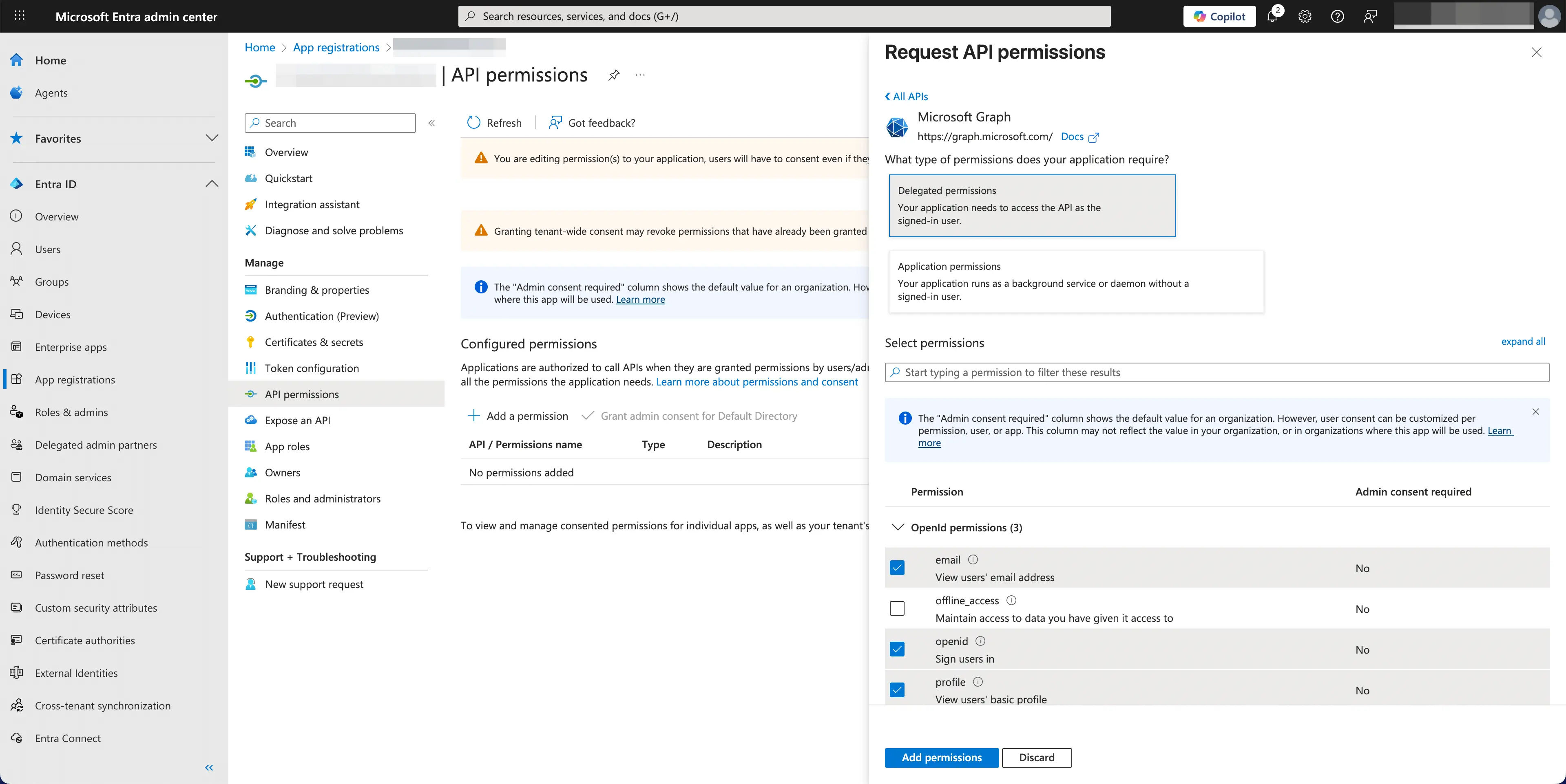 Adicionar permissões de API da Microsoft